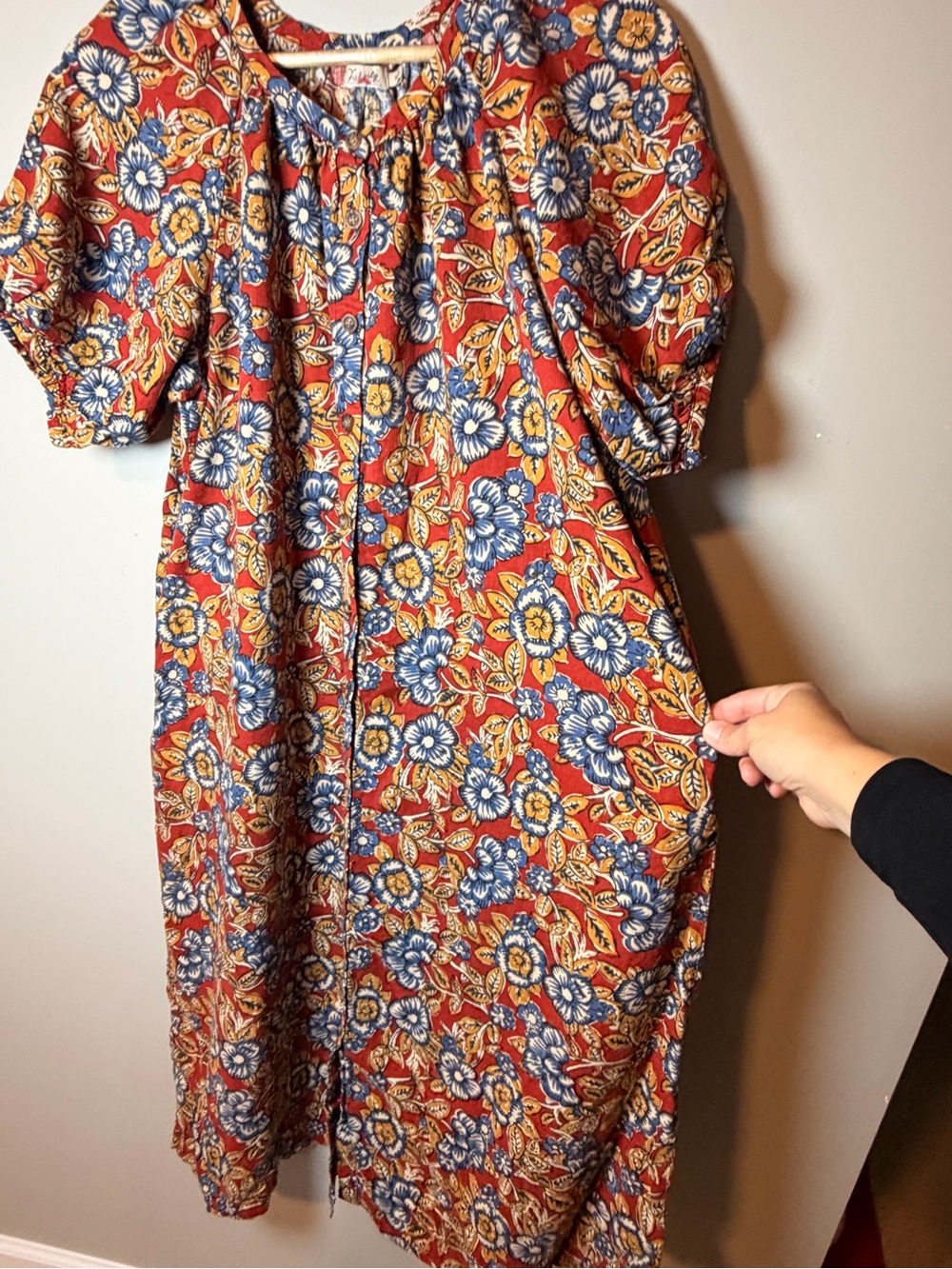 Faherty Floral Linen Blend Midi Dress Medium Puff Sleeve Pockets - Picture 2 of 10